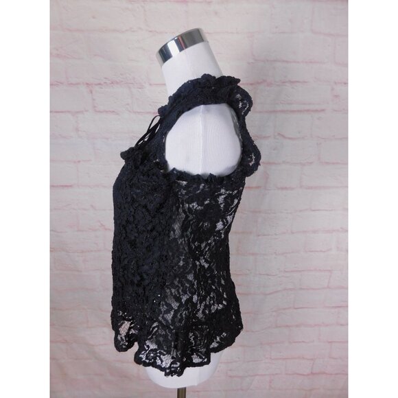 Black Lace Sleeveless Ruffle Blouse XS With Keyhole Back By Papaya - Picture 7 of 10